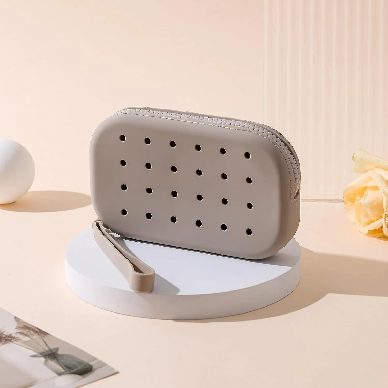 JOVAKIT Small Portable Silicone Makeup Bag for Women with Decorative Holes, Travel Waterproof Toiletry Cosmetic Bag Gifts for Women, Zipper Closure Makeup Case with Handle (Grey)