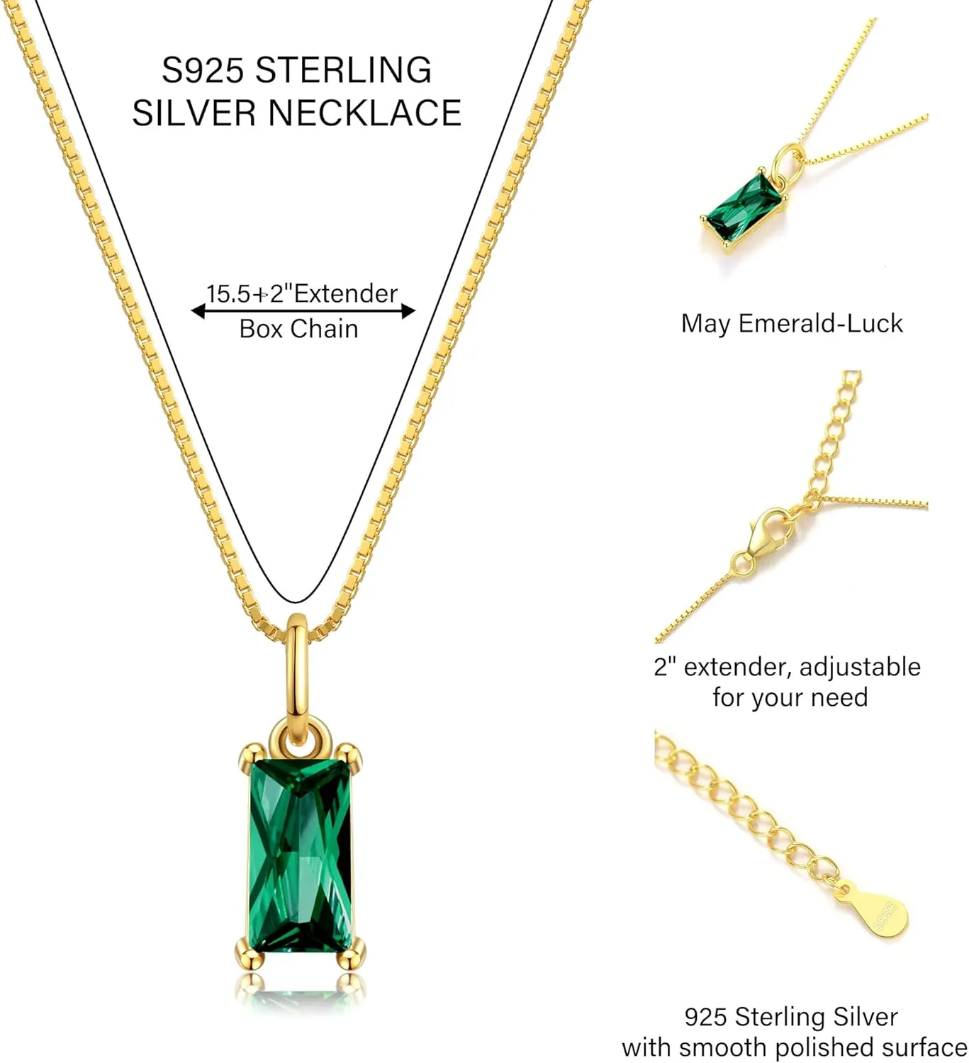 JSJOY S925 Birthstone Necklaces for Women Dainty Gold Emerald Green Necklace Sterling Silver Birthday Gifts for Teens Cubic Zirconia Diamond Necklaces Mothers Day Gifts