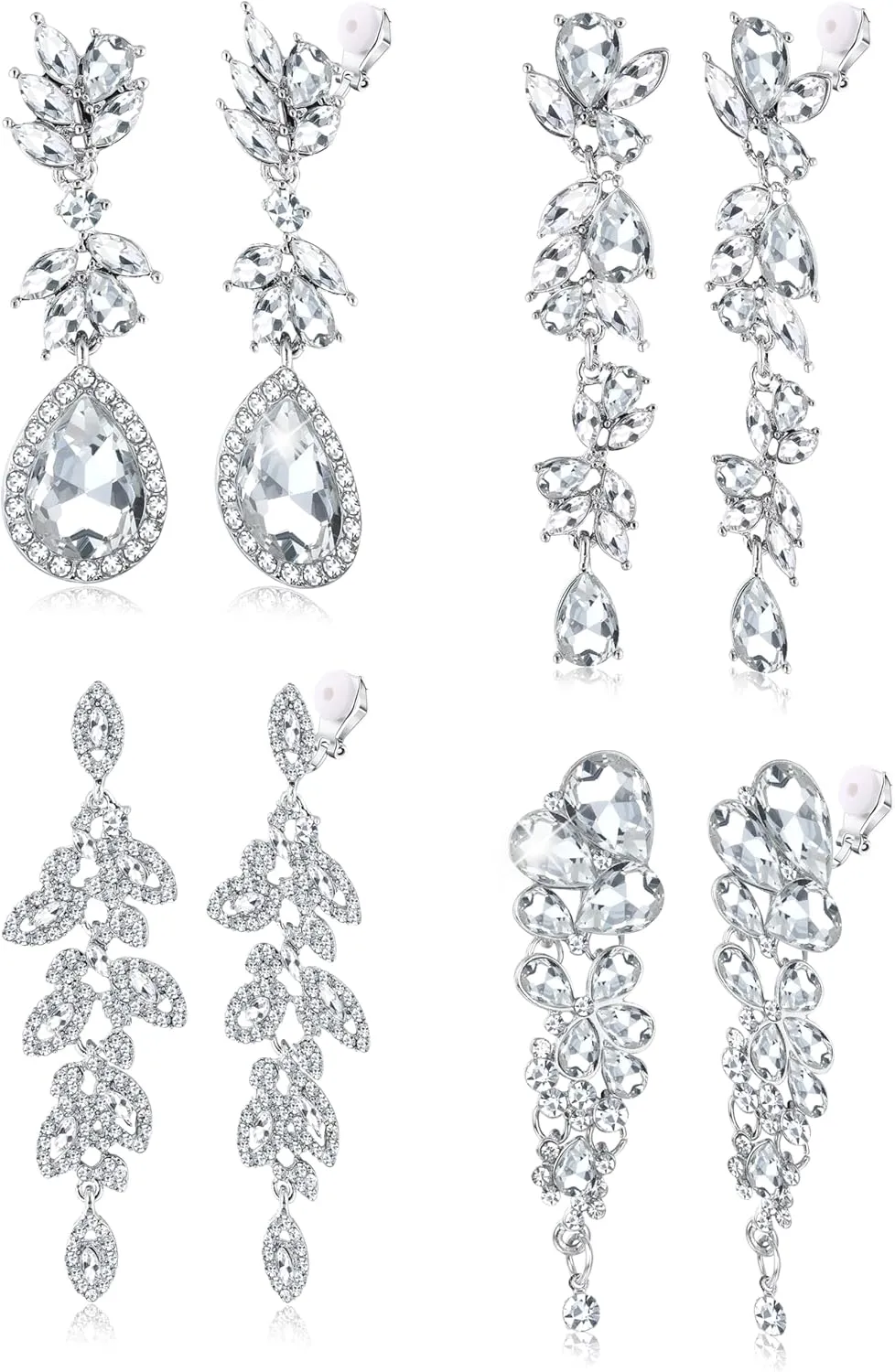 Jstyle 4 Pairs Silver Clip on Earrings for Women Elegant Rhinestone Clip on Earrings Dangle Drop for Brides Bridesmaids Non Pierced Earrings Set