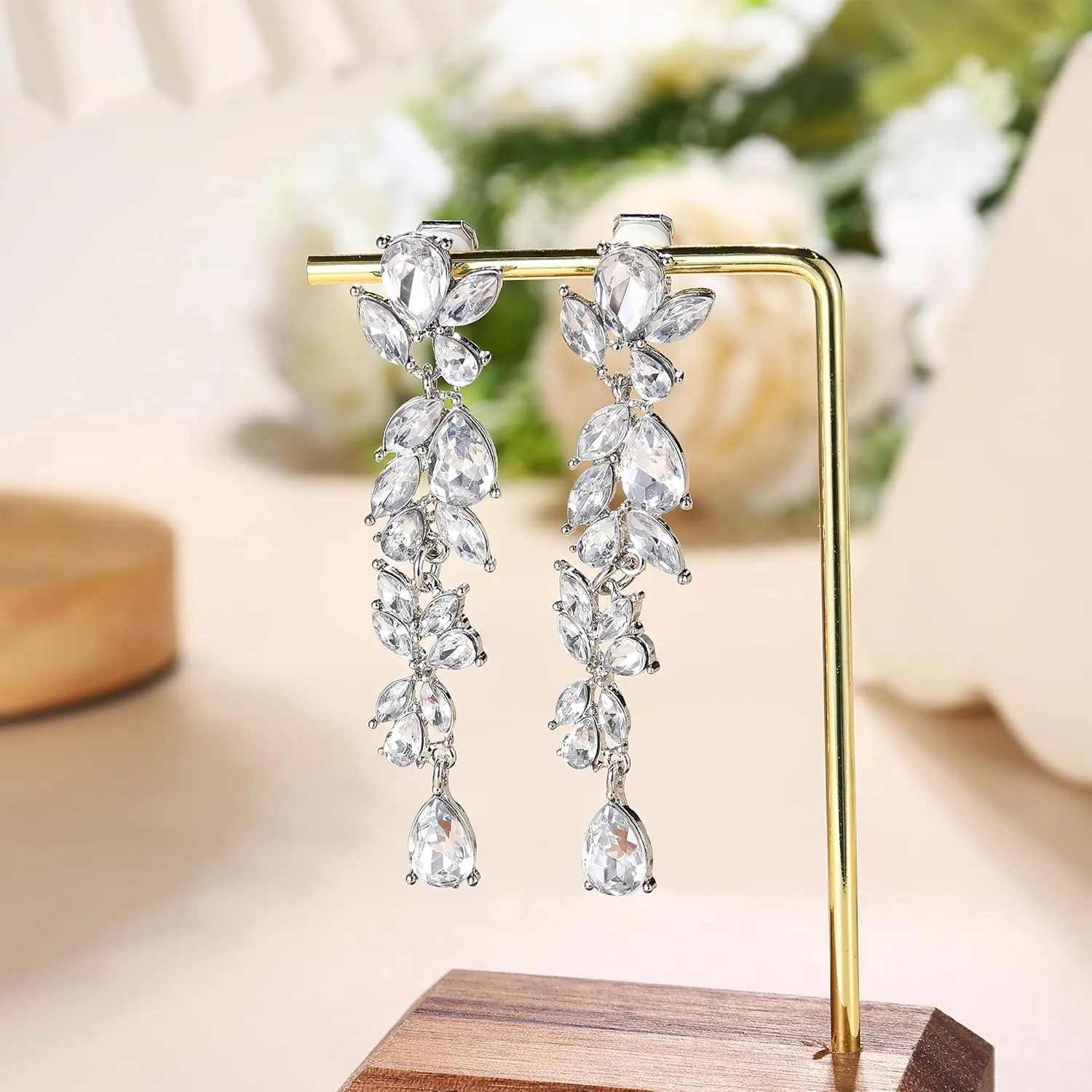 Jstyle 4 Pairs Silver Clip on Earrings for Women Elegant Rhinestone Clip on Earrings Dangle Drop for Brides Bridesmaids Non Pierced Earrings Set