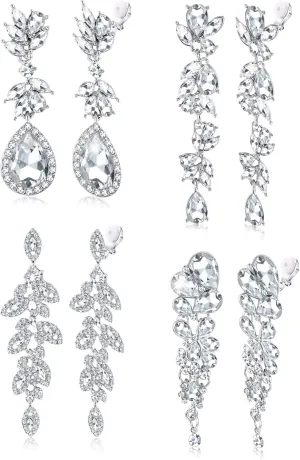 Jstyle 4 Pairs Silver Clip on Earrings for Women Elegant Rhinestone Clip on Earrings Dangle Drop for Brides Bridesmaids Non Pierced Earrings Set