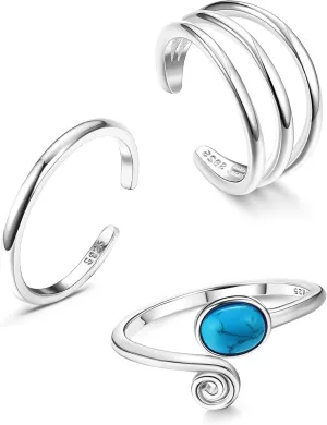 Jstyle 925 Sterling Silver Open Toe Rings Set for Women Adjustable Turquoise Moonstone Band Tail Ring Women Beach Foot Jewelry Set