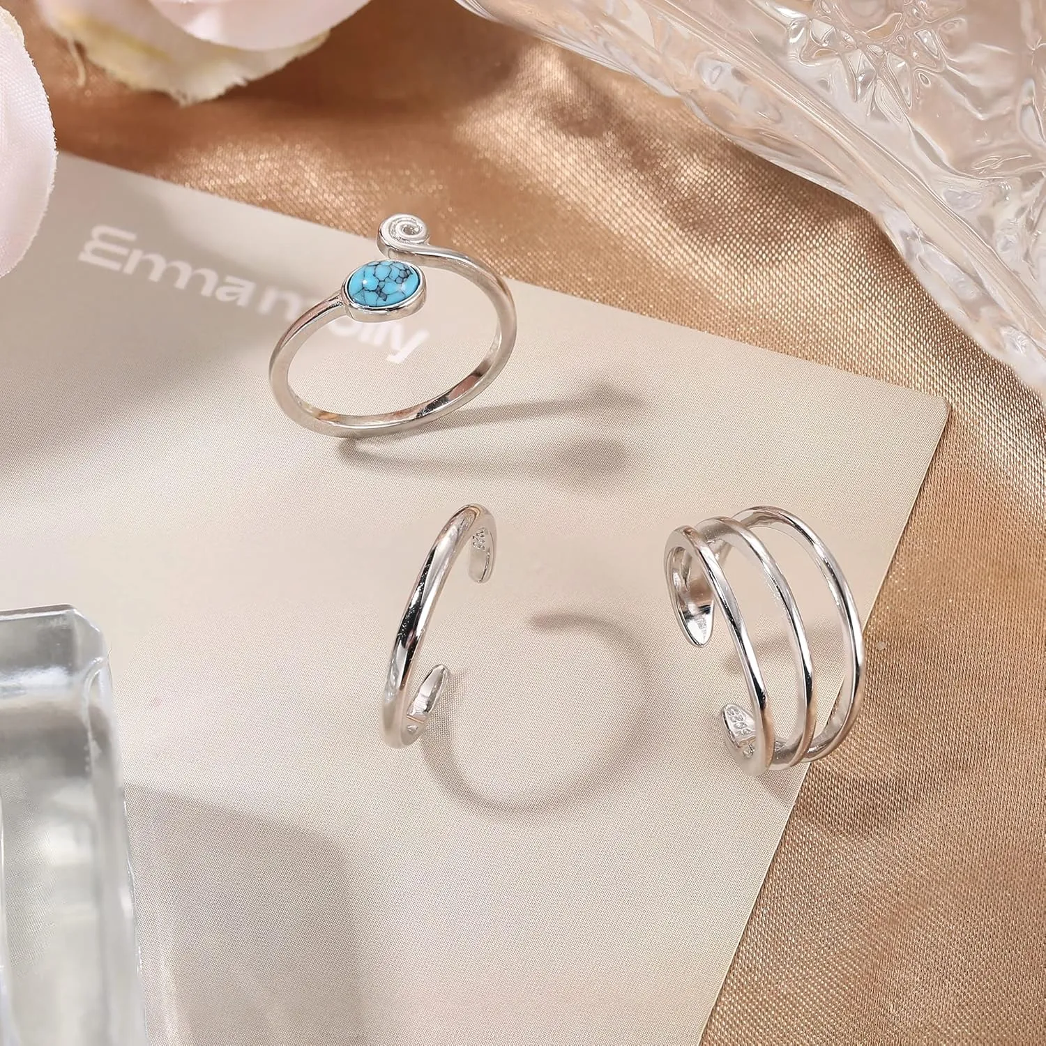 Jstyle 925 Sterling Silver Open Toe Rings Set for Women Adjustable Turquoise Moonstone Band Tail Ring Women Beach Foot Jewelry Set