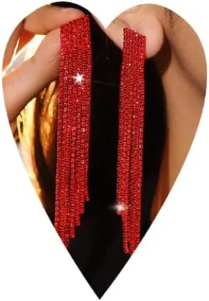 Jumwrit Glitter Red Rhinestone Long Dangle Drop Earrings Sparkle Crystal Square Stud Earrings Boho Fringe Tassel Chain Chandelier Earrings Fashion Statement Accessories for Women