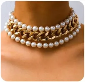 Jumwrit Punk Layered Pearl and Chain Necklaces Chunky Paperclip Choker Statement Long Charming Accessories for Women