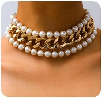 Jumwrit Punk Layered Pearl and Chain Necklaces Chunky Paperclip Choker Statement Long Charming Accessories for Women