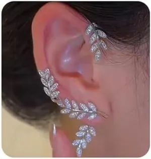 Jumwrit Rhinestone Ear Cuffs Leaf Ear Jacket Climber Crawler Earrings Ear Wrap Earrings Cute Hypoallergenic Stud Earrings for WomenSilver