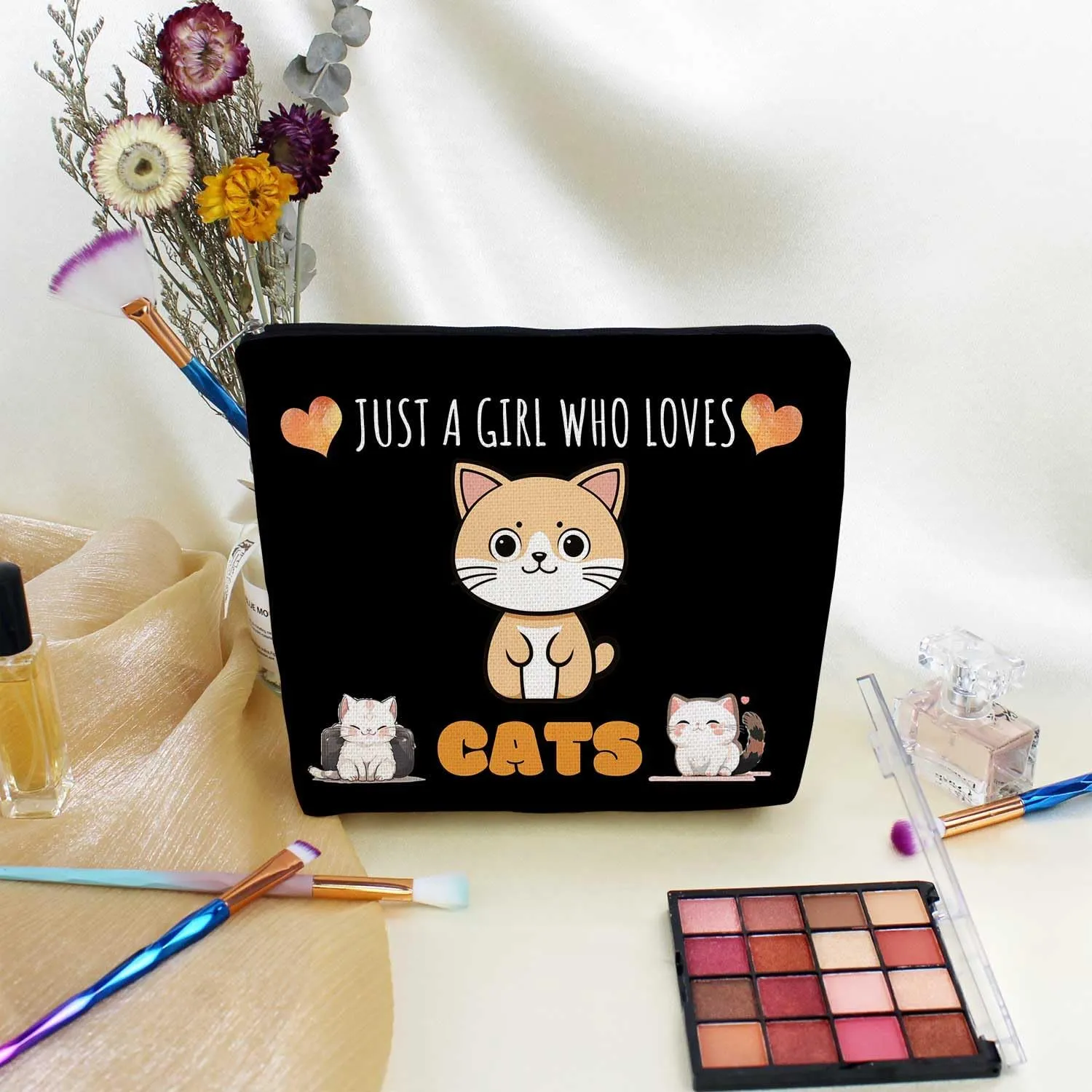 Just Love Cats Makeup Bag Black Background Cartoon Ginger Cat Pattern Canvas Organizer Zipper Pouch Lovely Cartoon Cat Cosmetic Bag Birthday Present for Cat Lovers Cat Mom Women