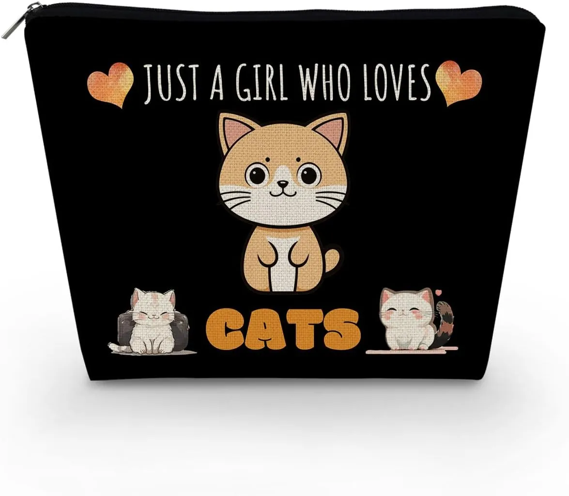 Just Love Cats Makeup Bag Black Background Cartoon Ginger Cat Pattern Canvas Organizer Zipper Pouch Lovely Cartoon Cat Cosmetic Bag Birthday Present for Cat Lovers Cat Mom Women