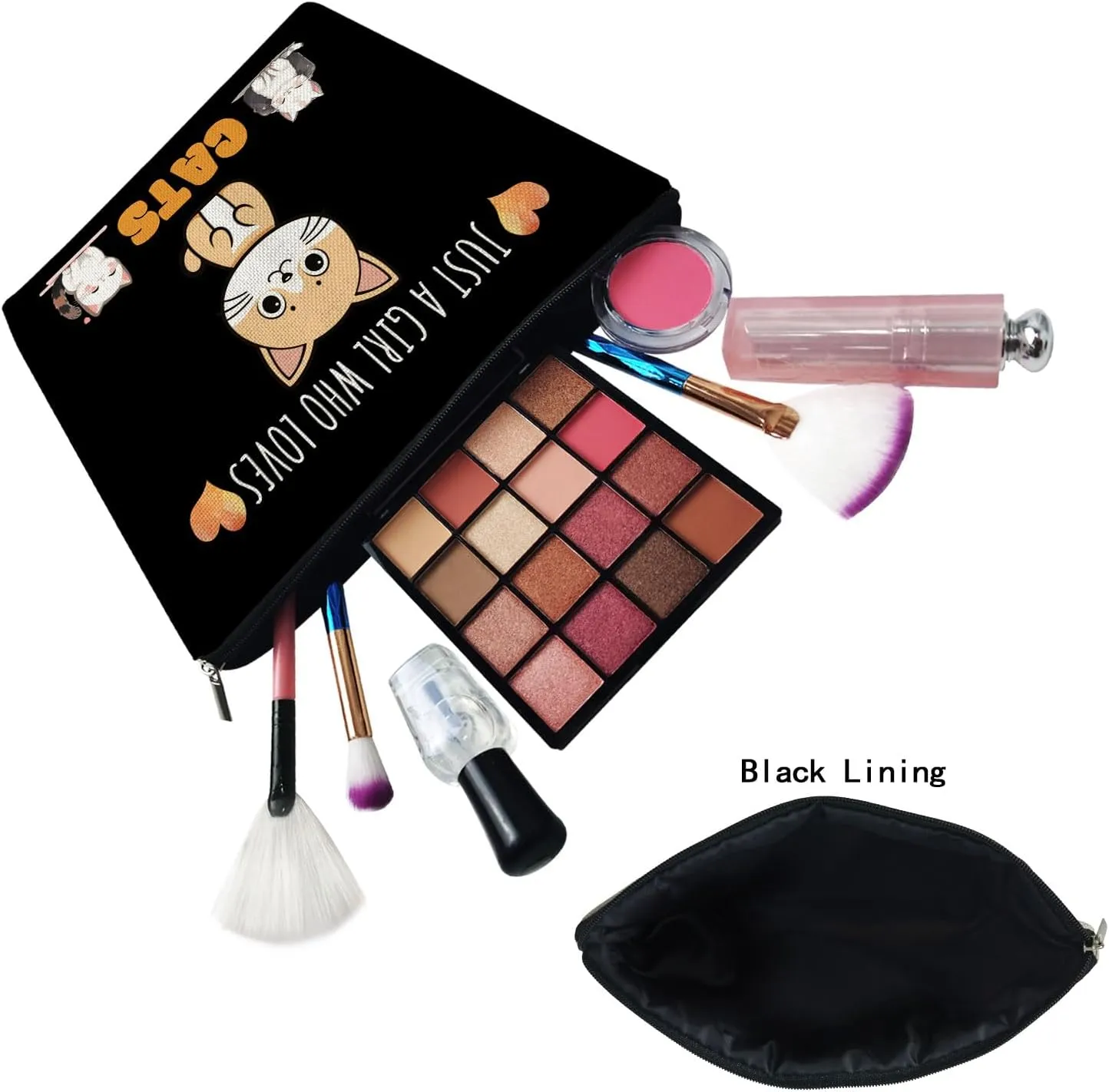 Just Love Cats Makeup Bag Black Background Cartoon Ginger Cat Pattern Canvas Organizer Zipper Pouch Lovely Cartoon Cat Cosmetic Bag Birthday Present for Cat Lovers Cat Mom Women