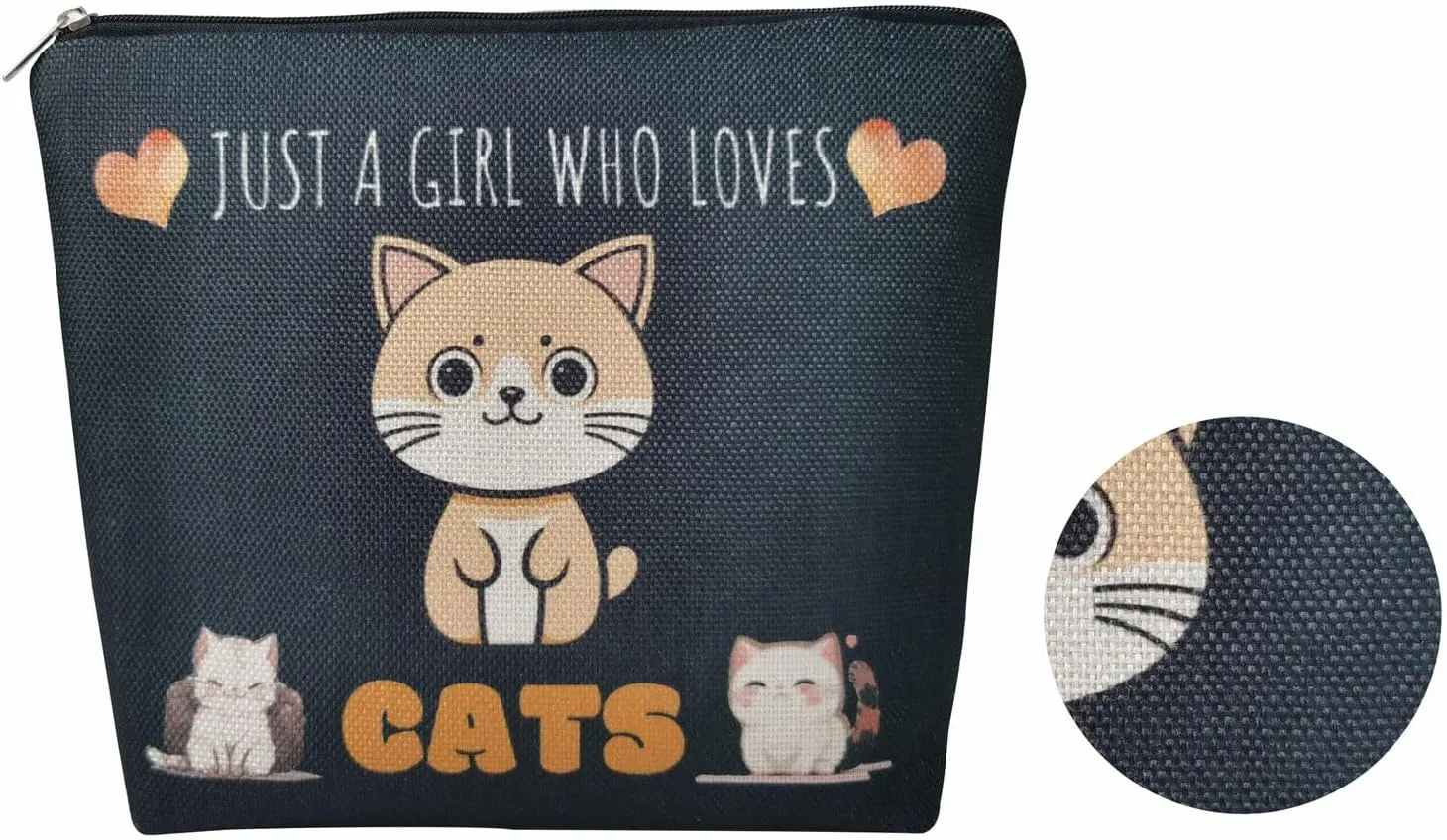 Just Love Cats Makeup Bag Black Background Cartoon Ginger Cat Pattern Canvas Organizer Zipper Pouch Lovely Cartoon Cat Cosmetic Bag Birthday Present for Cat Lovers Cat Mom Women