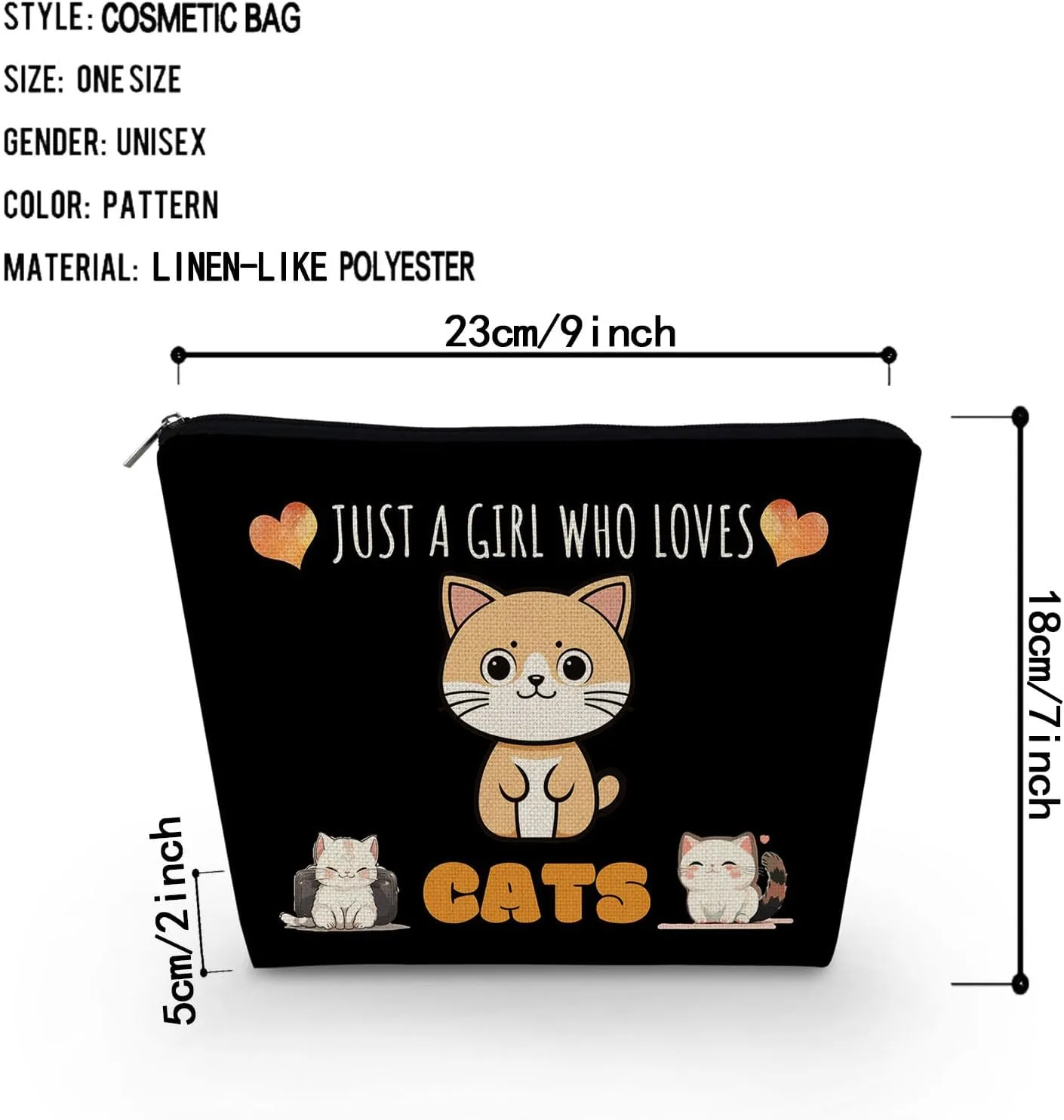 Just Love Cats Makeup Bag Black Background Cartoon Ginger Cat Pattern Canvas Organizer Zipper Pouch Lovely Cartoon Cat Cosmetic Bag Birthday Present for Cat Lovers Cat Mom Women