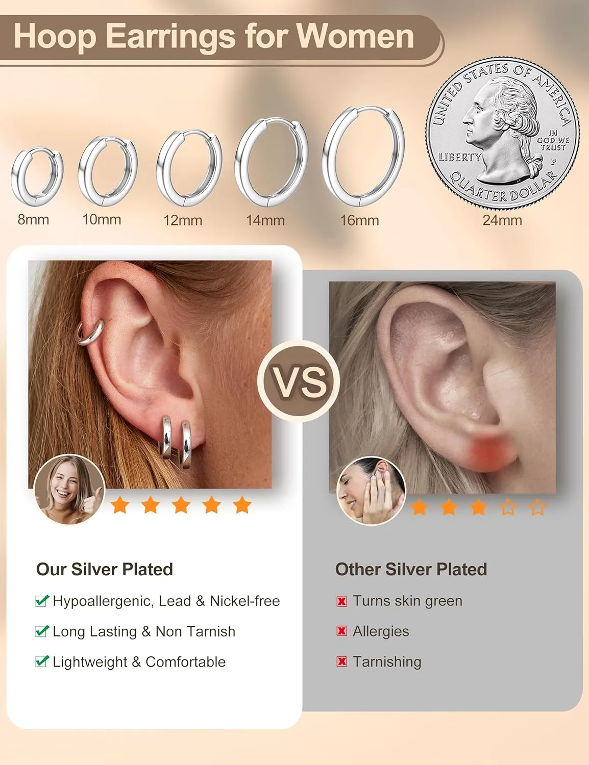 Kakonia 5 Pairs Small Sterling Silver Hoop Earrings Set for Women, 18k Gold Plated Huggie Hoop Earrings, Lightweight Hoop Earrings for Women Hypoallergenic, Cartilage Earring Sets for Multiple Piercing