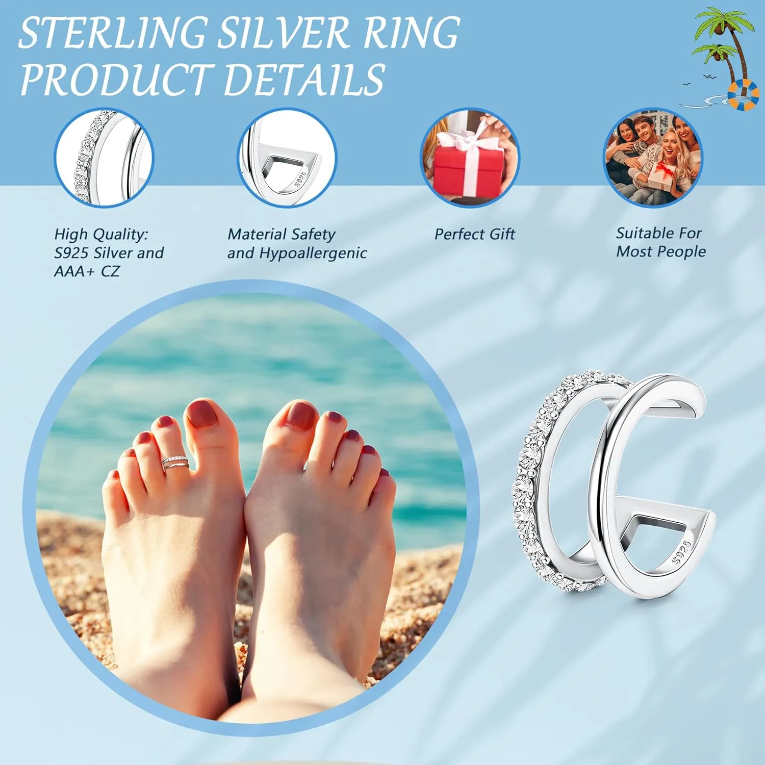 Kakonia Sterling Silver Toe Rings, Adjustable Daisy Flower CZ Cross Opal Twist Knot Beach Band Nail Rings, Open Women's Foot Jewelry for Summer