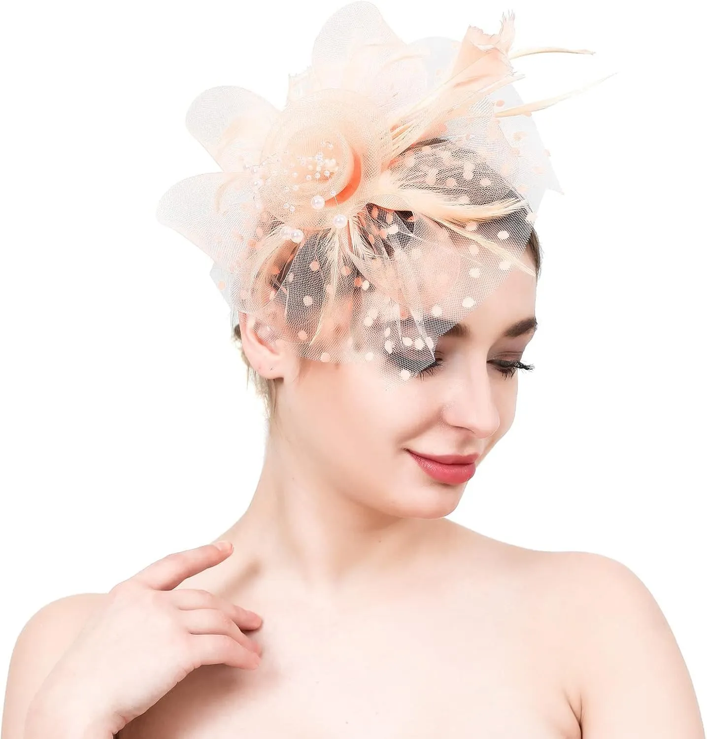 Kentucky Fascinator Hat for Women Flower Pearls Mesh Feathers Hair Clip Tea Party Wedding Hat Headpiece