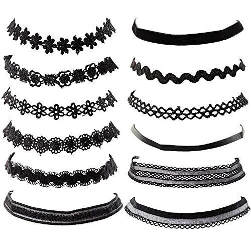 Kercisbeauty Black Velvet Leather Lace Choker Set Stretch Gothic Collar Choker for Women and Girls 12PCS