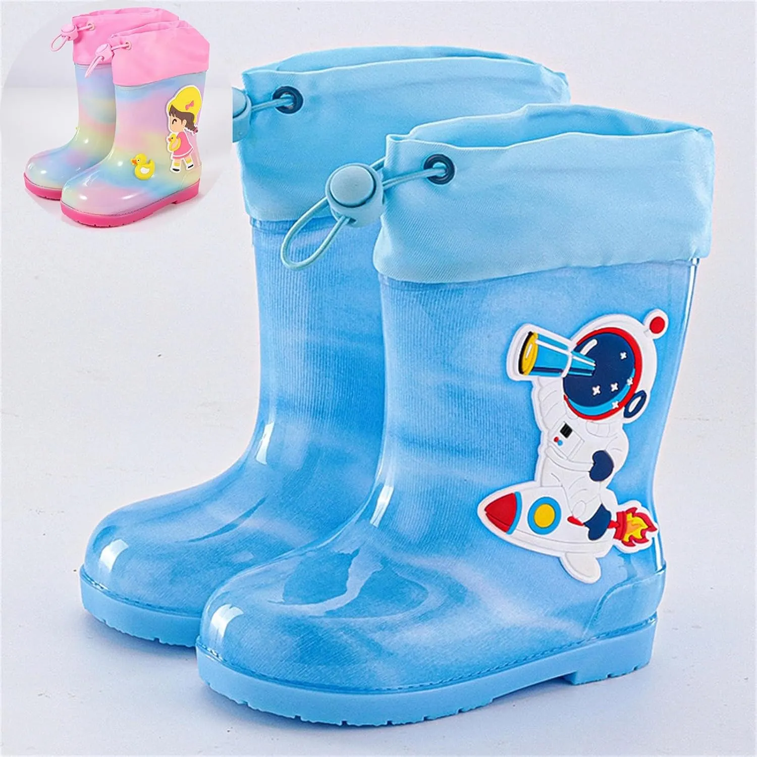 Kids Rain Boots Boys Girls Toddler Cute Cartoon Astronaut Rainbow Waterproof Elastic Band Anti-Slip Outdoor Rainboots