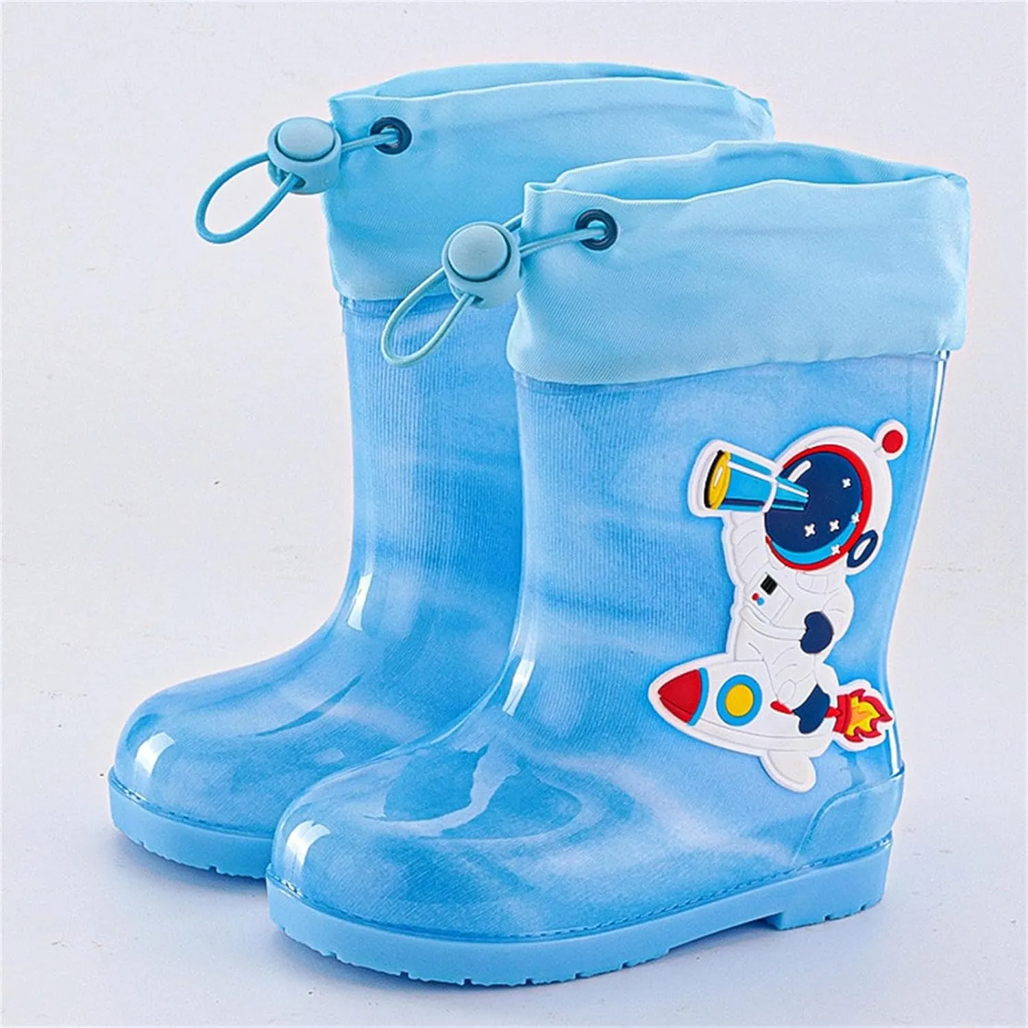 Kids Rain Boots Boys Girls Toddler Cute Cartoon Astronaut Rainbow Waterproof Elastic Band Anti-Slip Outdoor Rainboots