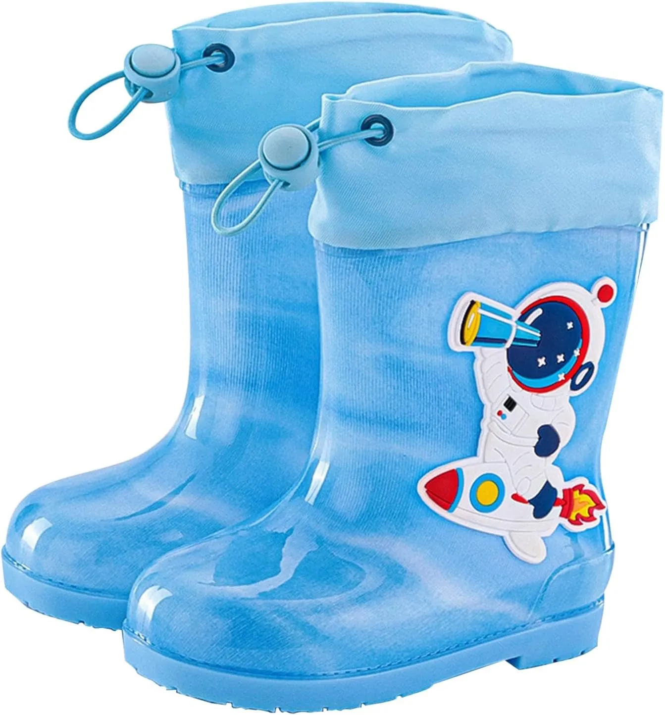 Kids Rain Boots Boys Girls Toddler Cute Cartoon Astronaut Rainbow Waterproof Elastic Band Anti-Slip Outdoor Rainboots