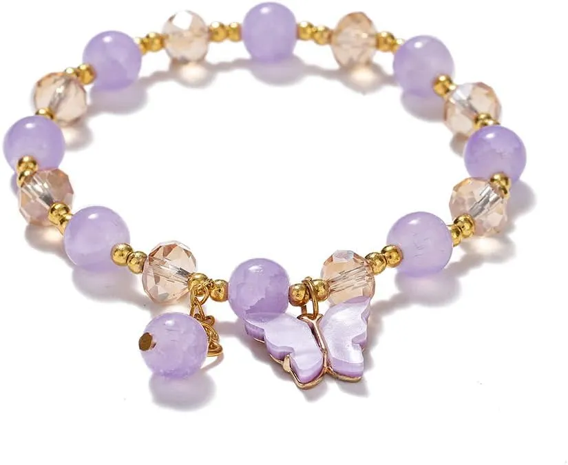 KIFEDSLJ Crystal Beads Butterfly Bracelets Boho Colorful Butterfly Charm Stretch Bracelets for Women Jewelry