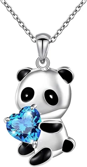 Kilener Panda Necklace for Women Blue Crystal Heart Necklaces Panda Pendant Necklace for Men Birthday Christmas Gifts for Panda lovers Daughter Sister Panda Necklaces