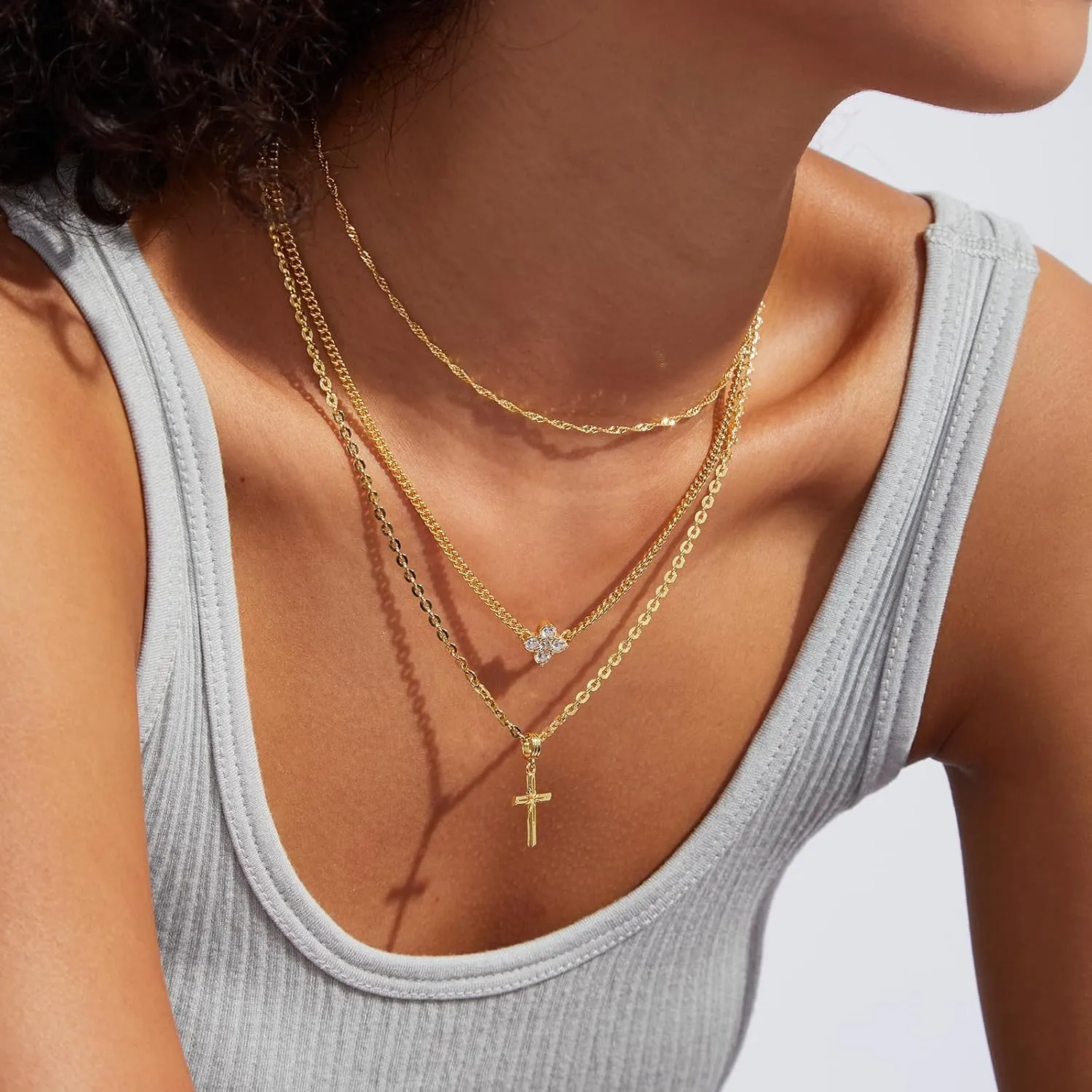 KissYan Layered Cross Necklace for Women, 14K Gold Plated Cubic Zirconia Pendant Necklaces Cross Faith Necklaces, Gold Cross Choker Trendy Jewelry Gifts for Women