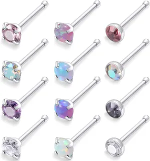 Kridzisw 18G 20G 22G Surgical Steel Nose Rings Studs CZ Opal 1.5mm 2mm 2.5mm 3mm for Women Men 12Pcs