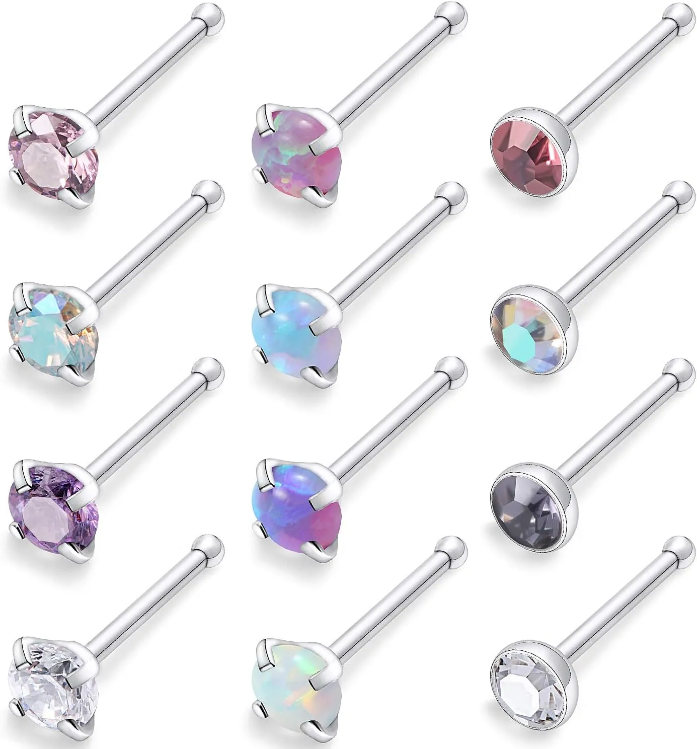 Kridzisw 18G 20G 22G Surgical Steel Nose Rings Studs CZ Opal 1.5mm 2mm 2.5mm 3mm for Women Men 12Pcs