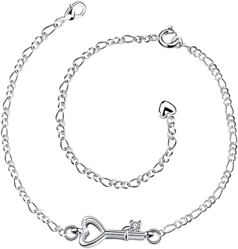 KUYIUIF 925 Sterling Silver Adjustable Anklet Barefoot Sandal Beach Foot Chain Cute Love Key Zircon Pendant Adjustable Chain Anklet Bracelet