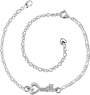 KUYIUIF 925 Sterling Silver Adjustable Anklet Barefoot Sandal Beach Foot Chain Cute Love Key Zircon Pendant Adjustable Chain Anklet Bracelet