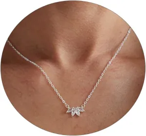 Kyerlyn Diamond Necklaces for Women, Dainty Leaf Necklace 14K Gold/Silver Plated CZ Heart Pendant Necklace Simple Flower Choker Necklaces Elegant Everyday Jewelry Gift