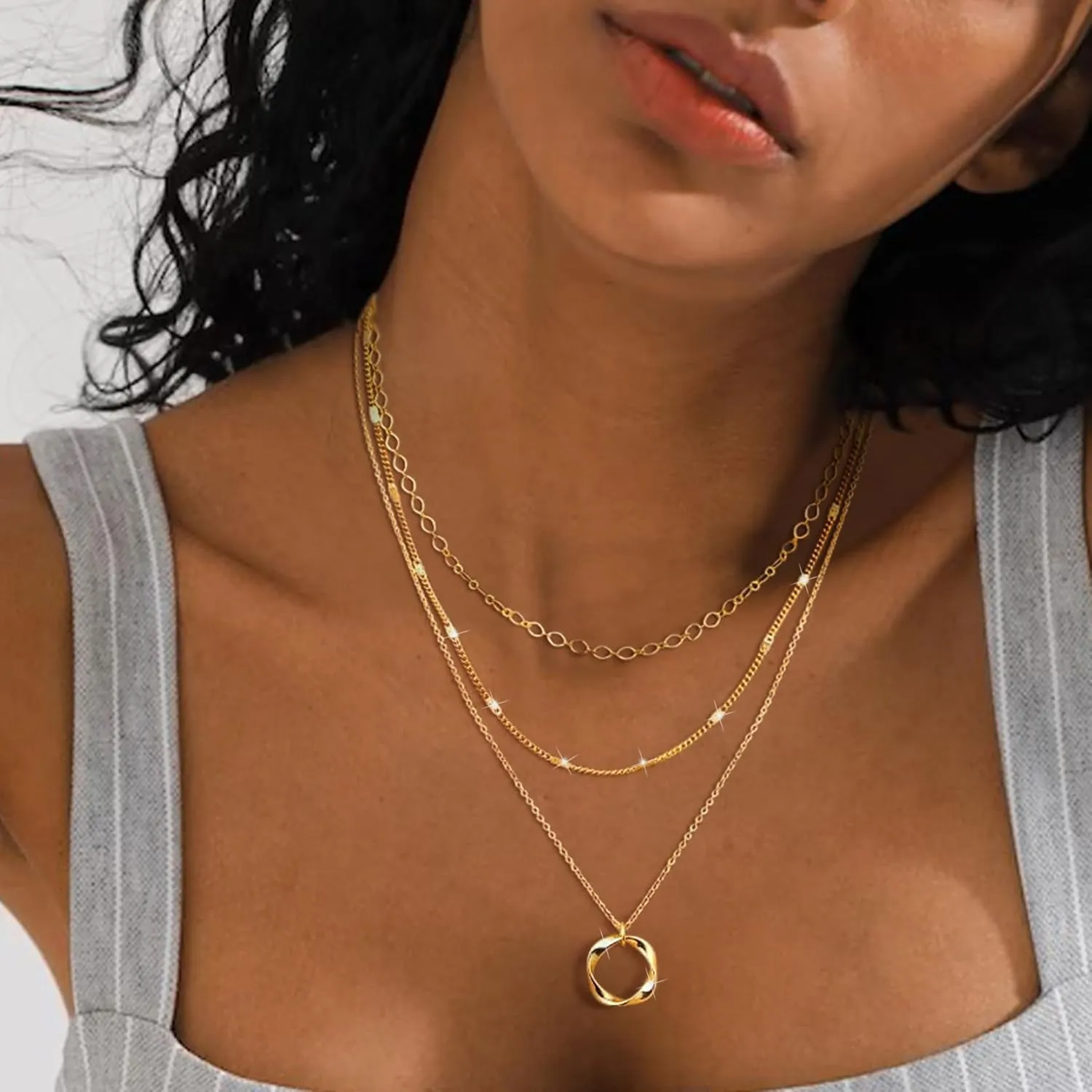 Kyerlyn Layered Necklaces for Women, 14K Gold Plated Necklace Sterling Silver Necklace Stack Circle Pendant Necklace Trendy Long Chain Stackable Silver Necklace Set Dainty Gold Stacked Jewelry Gifts