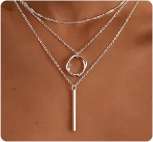 Kyerlyn Layered Necklaces for Women, 14K Gold Plated Necklace Sterling Silver Necklace Stack Circle Pendant Necklace Trendy Long Chain Stackable Silver Necklace Set Dainty Gold Stacked Jewelry Gifts