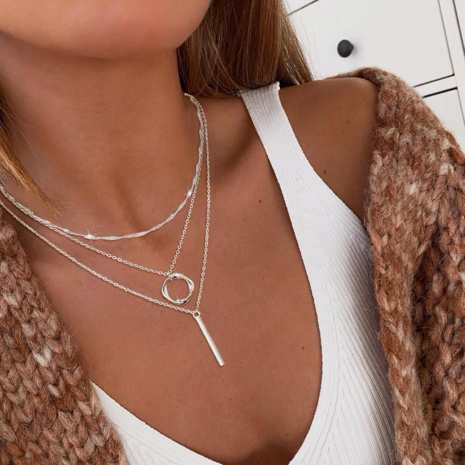 Kyerlyn Layered Necklaces for Women, 14K Gold Plated Necklace Sterling Silver Necklace Stack Circle Pendant Necklace Trendy Long Chain Stackable Silver Necklace Set Dainty Gold Stacked Jewelry Gifts