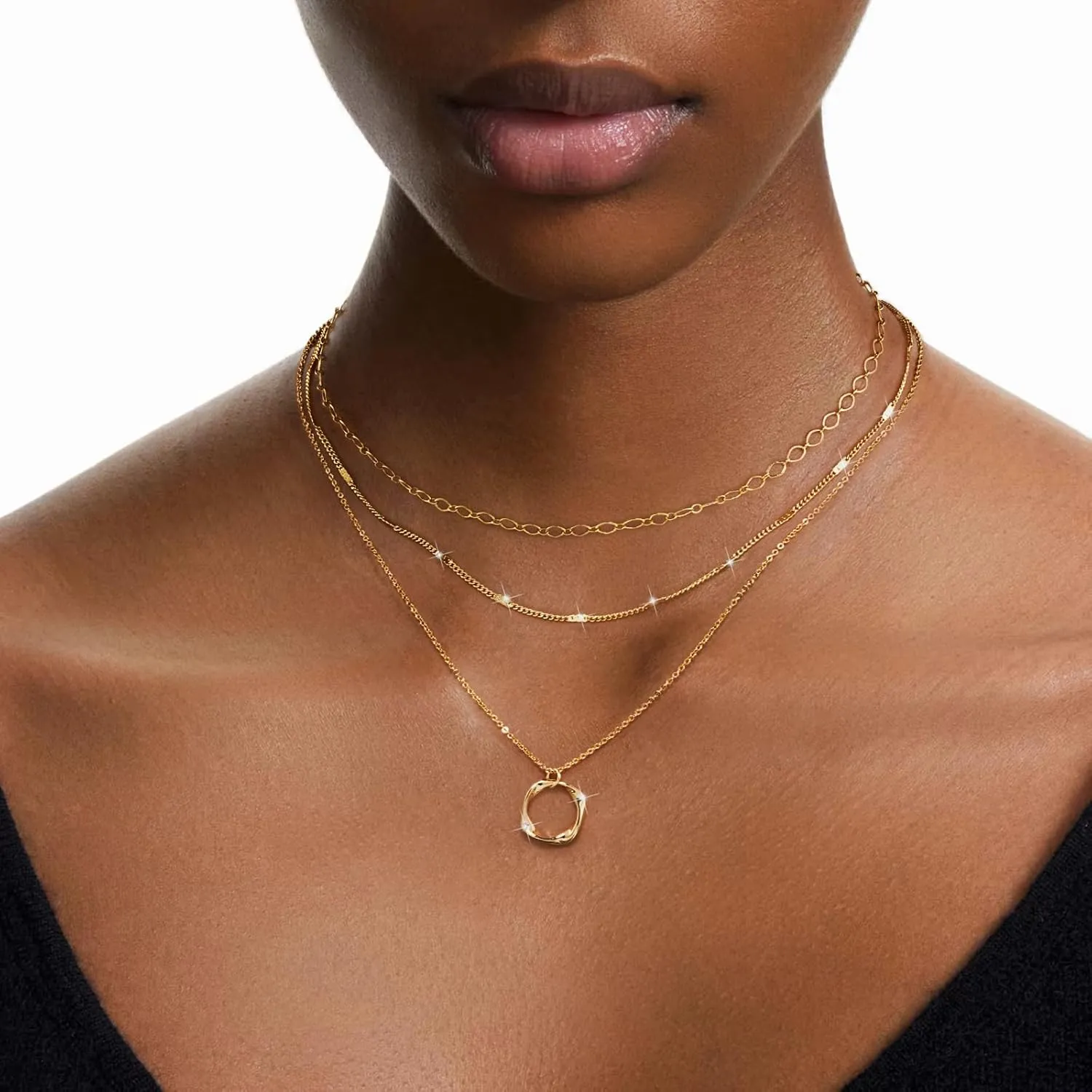 Kyerlyn Layered Necklaces for Women, 14K Gold Plated Necklace Sterling Silver Necklace Stack Circle Pendant Necklace Trendy Long Chain Stackable Silver Necklace Set Dainty Gold Stacked Jewelry Gifts