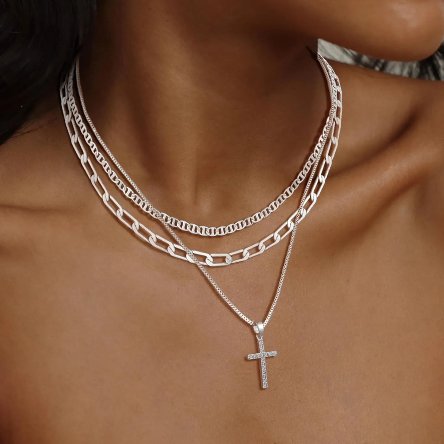 Kyerlyn Silver Necklaces for Women, Sterling Silver Stackable Stack Herringbone Choker Necklaces for Women Trendy Layering Circle Pendant Chain Necklace Set Jewelry for Women