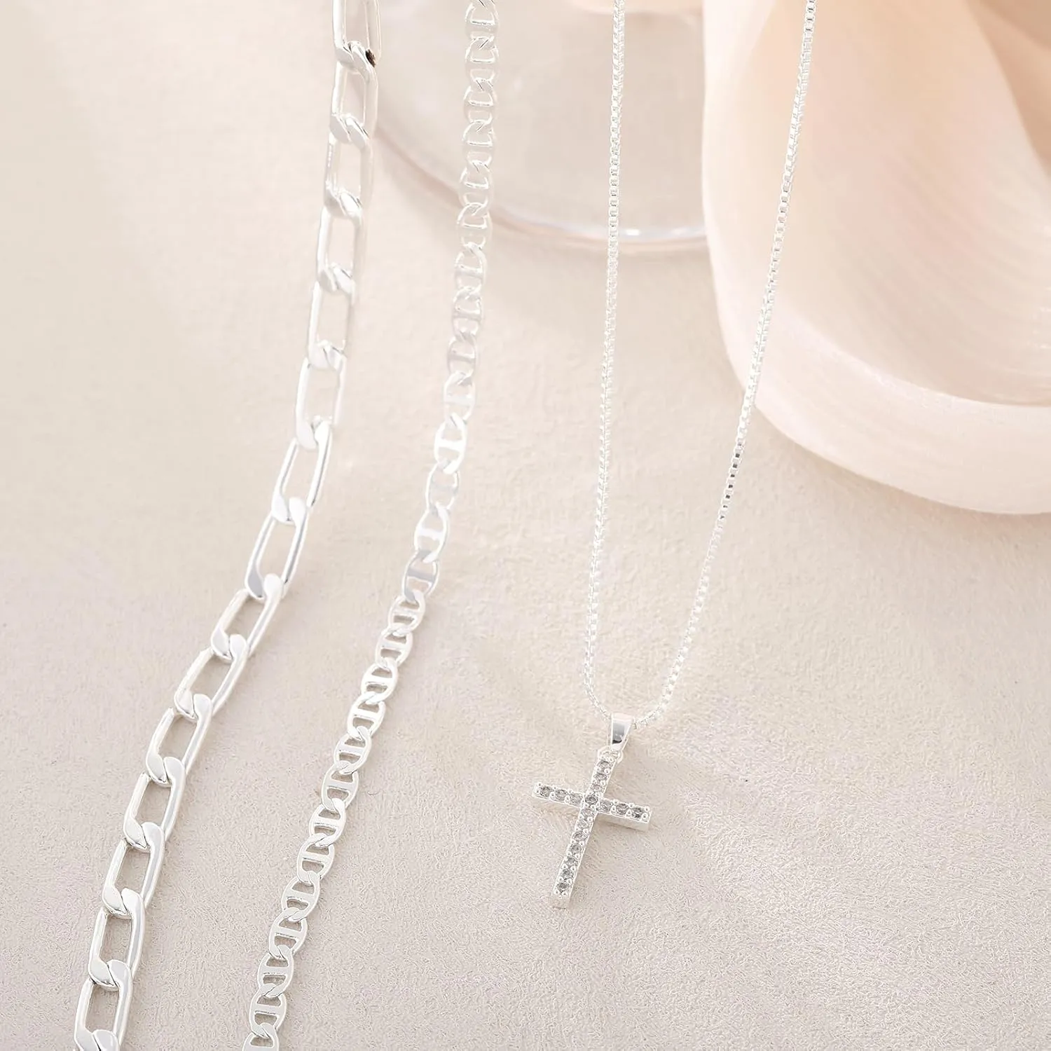 Kyerlyn Silver Necklaces for Women, Sterling Silver Stackable Stack Herringbone Choker Necklaces for Women Trendy Layering Circle Pendant Chain Necklace Set Jewelry for Women