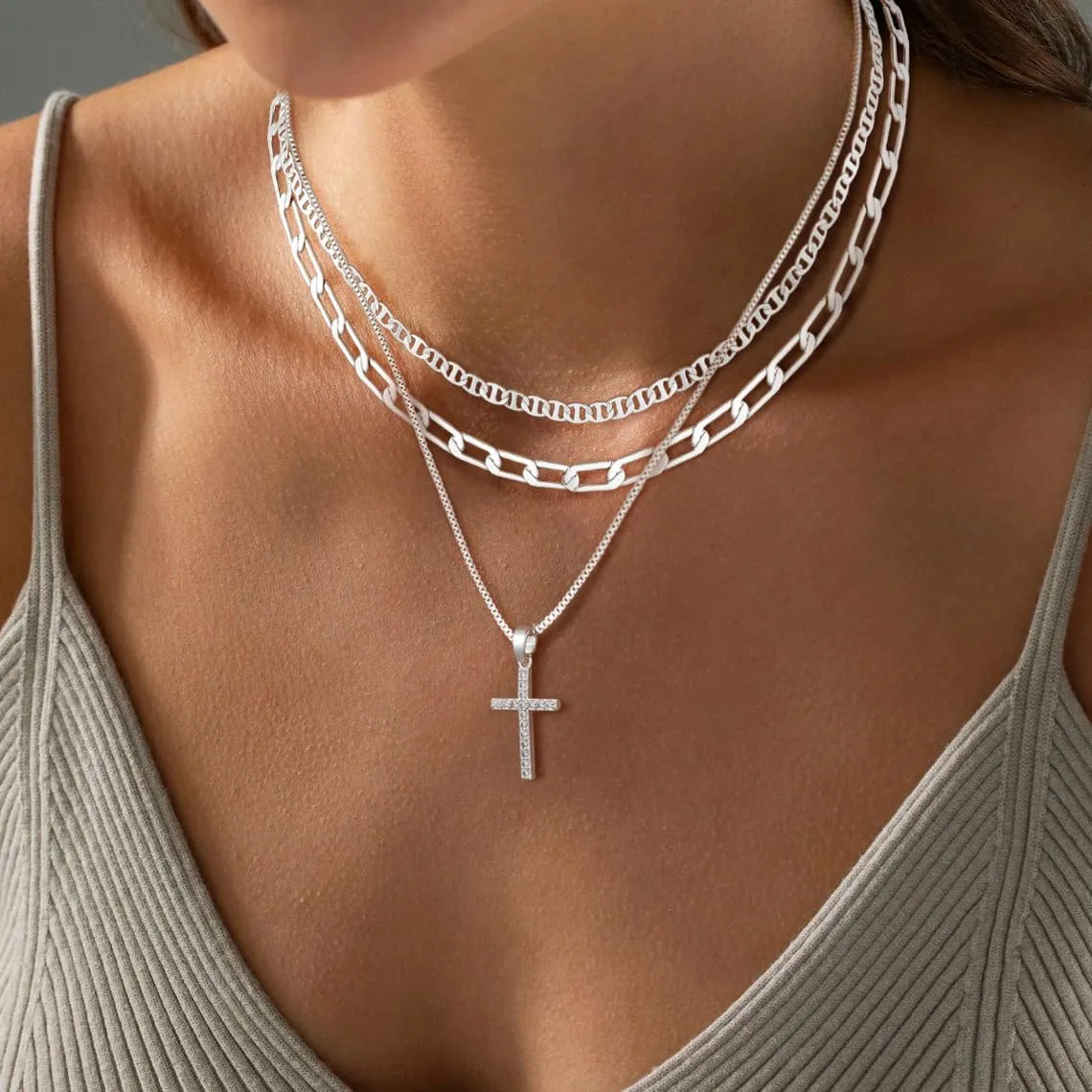 Kyerlyn Silver Necklaces for Women, Sterling Silver Stackable Stack Herringbone Choker Necklaces for Women Trendy Layering Circle Pendant Chain Necklace Set Jewelry for Women