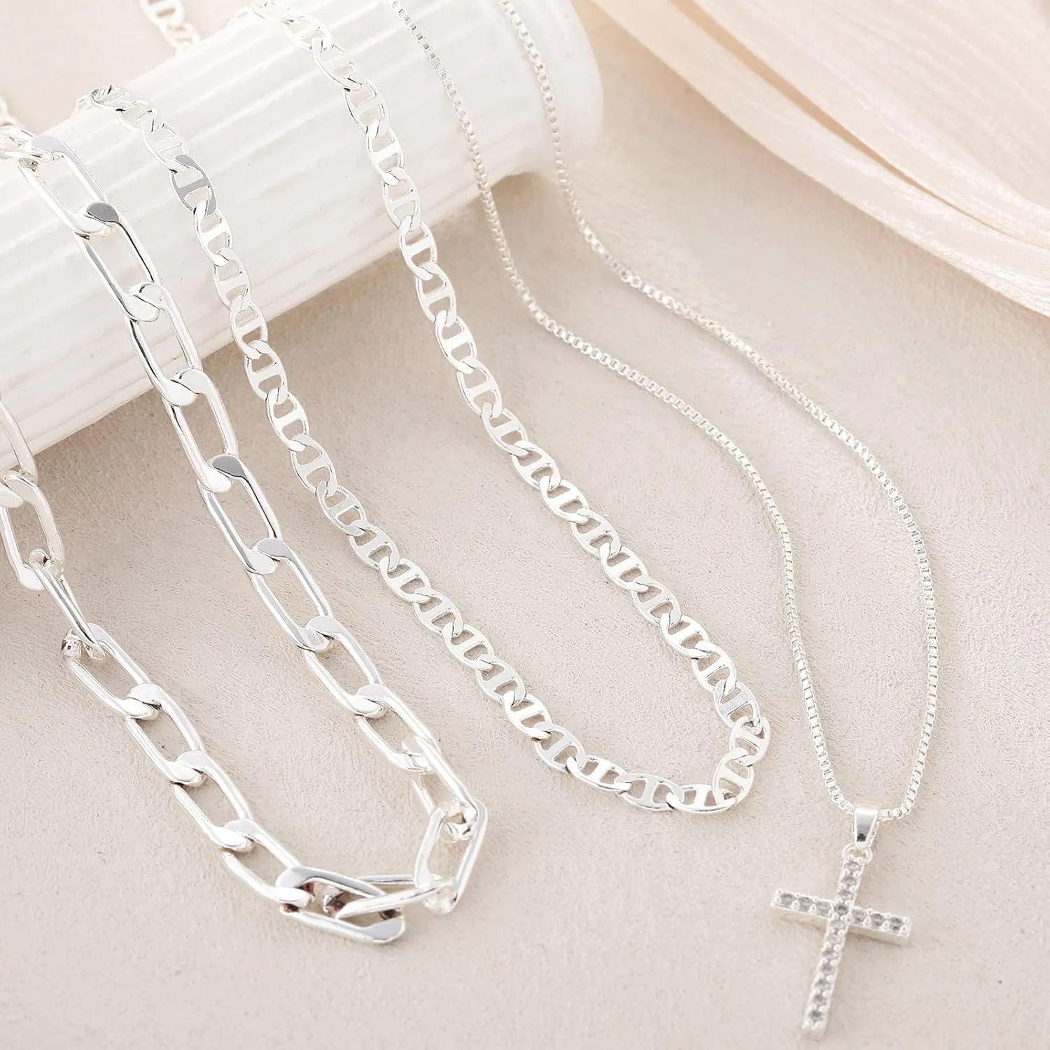 Kyerlyn Silver Necklaces for Women, Sterling Silver Stackable Stack Herringbone Choker Necklaces for Women Trendy Layering Circle Pendant Chain Necklace Set Jewelry for Women