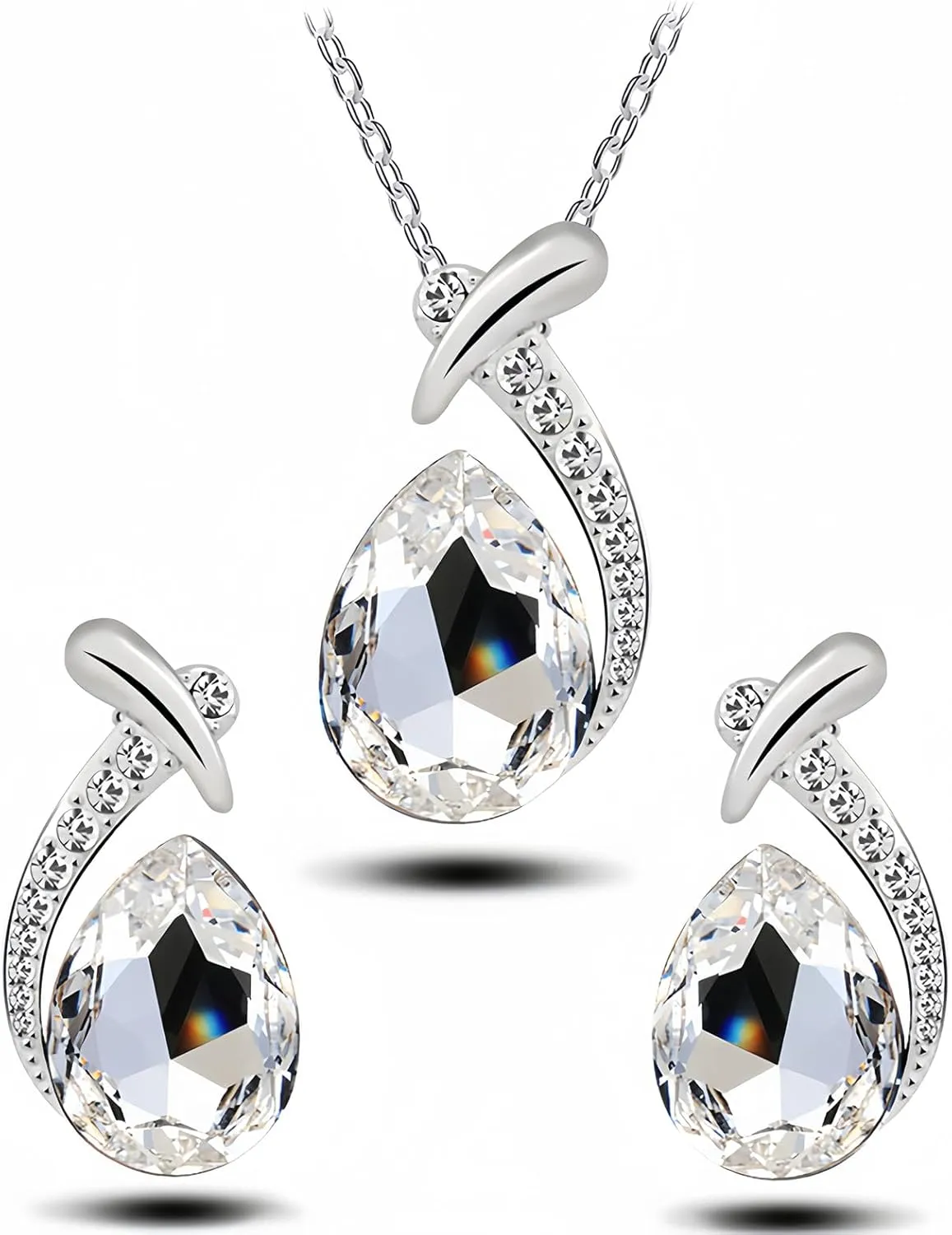 la luen Teardrop Birthstone Necklaces for Women, Rhinestone Drop Dangle Earrings Necklaces Set Oval Crystal Rhinestone Matching Wedding Jewelry Gifts for Wife Girlfriend