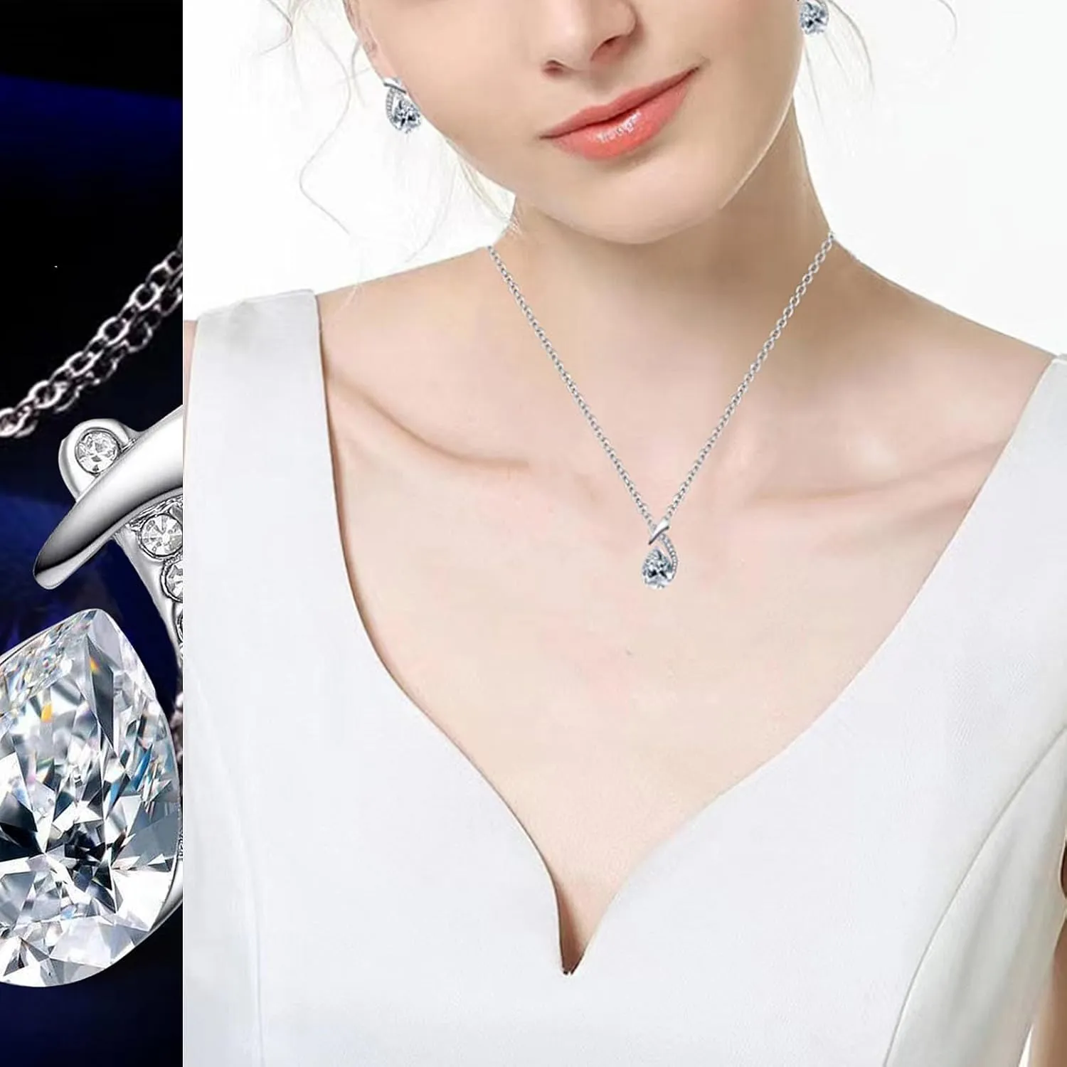 la luen Teardrop Birthstone Necklaces for Women, Rhinestone Drop Dangle Earrings Necklaces Set Oval Crystal Rhinestone Matching Wedding Jewelry Gifts for Wife Girlfriend