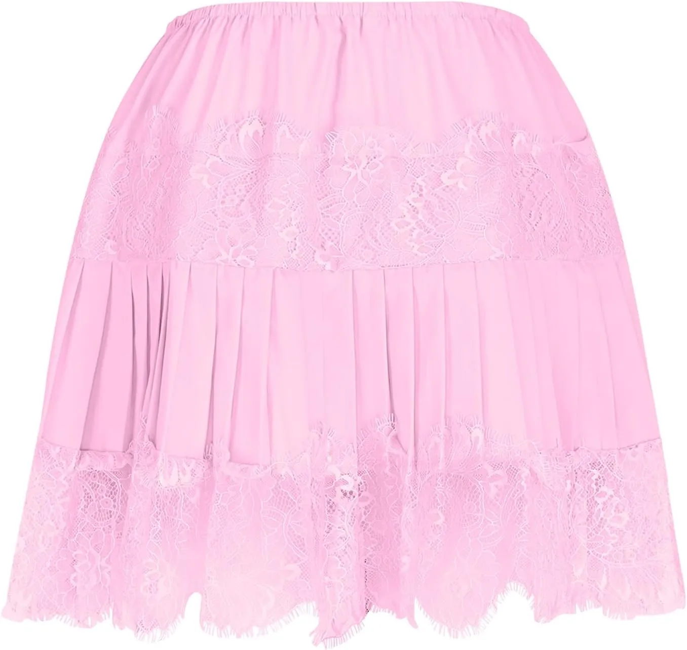 Lace Mini Skirt for Women Summer Lace Trim Flowy Elastic Waist Layered Pleat Skirts Solid Flowy Irregular Hem Skort
