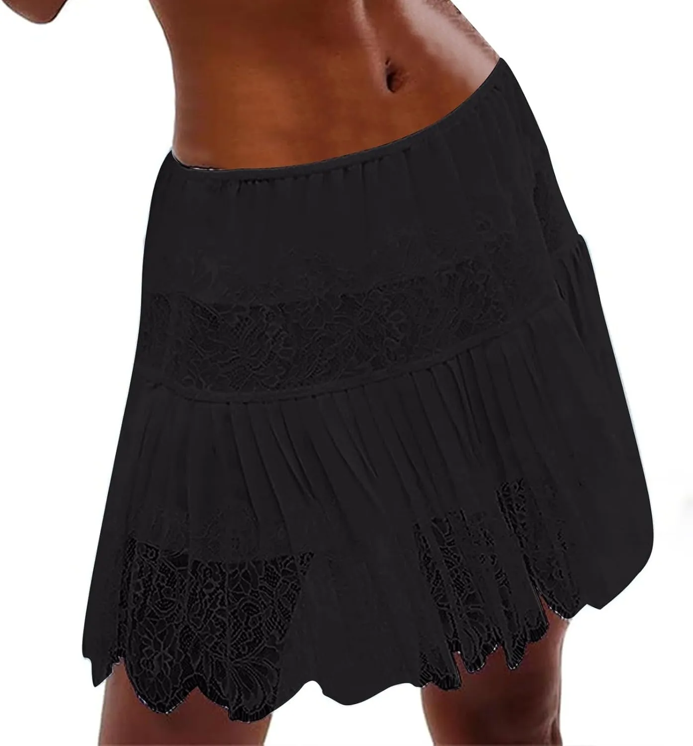 Lace Mini Skirt for Women Summer Lace Trim Flowy Elastic Waist Layered Pleat Skirts Solid Flowy Irregular Hem Skort