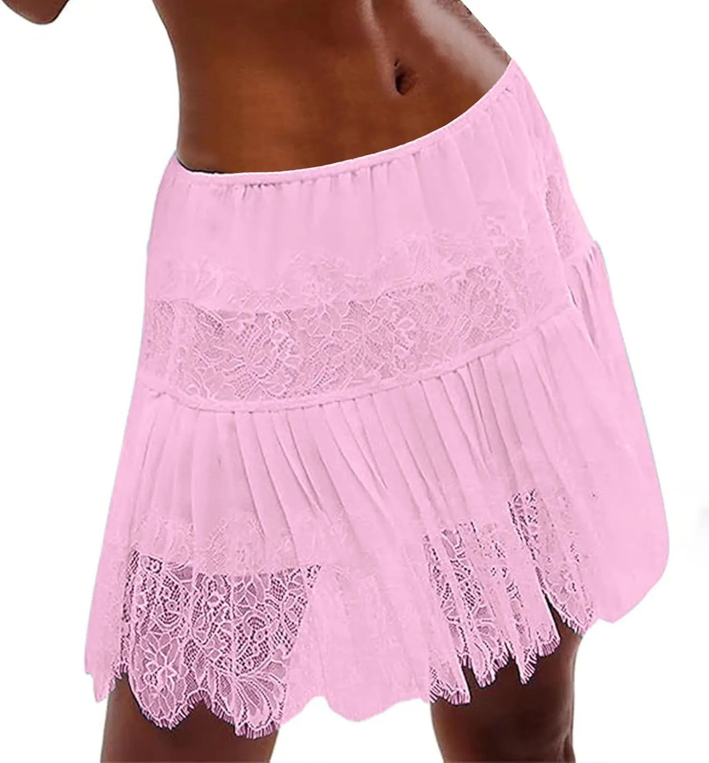 Lace Mini Skirt for Women Summer Lace Trim Flowy Elastic Waist Layered Pleat Skirts Solid Flowy Irregular Hem Skort
