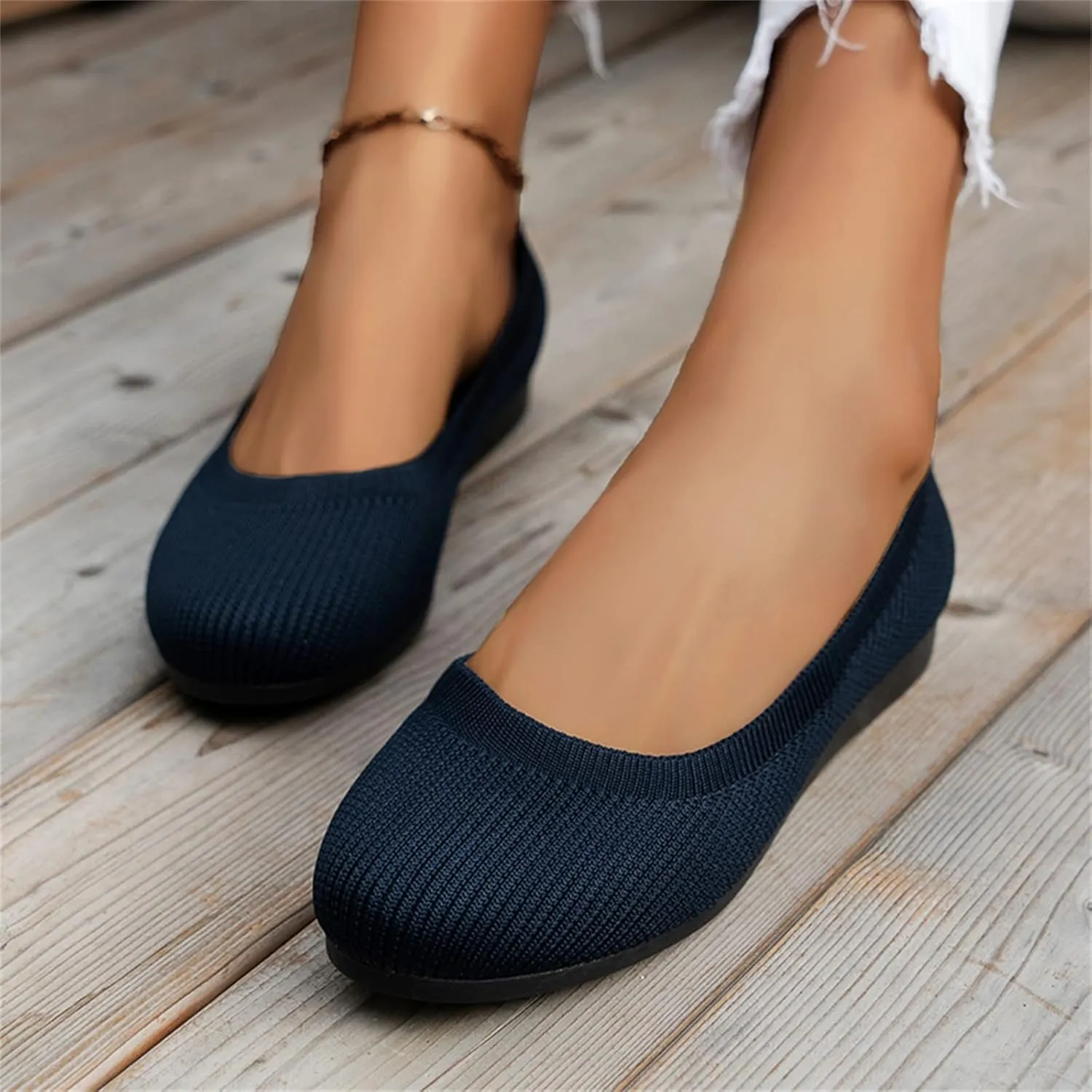 Ladies Fashion Solid Color Breathable Knitting Round Head Flat Comfortable Casual Single Casual Womens Shoes Slip on