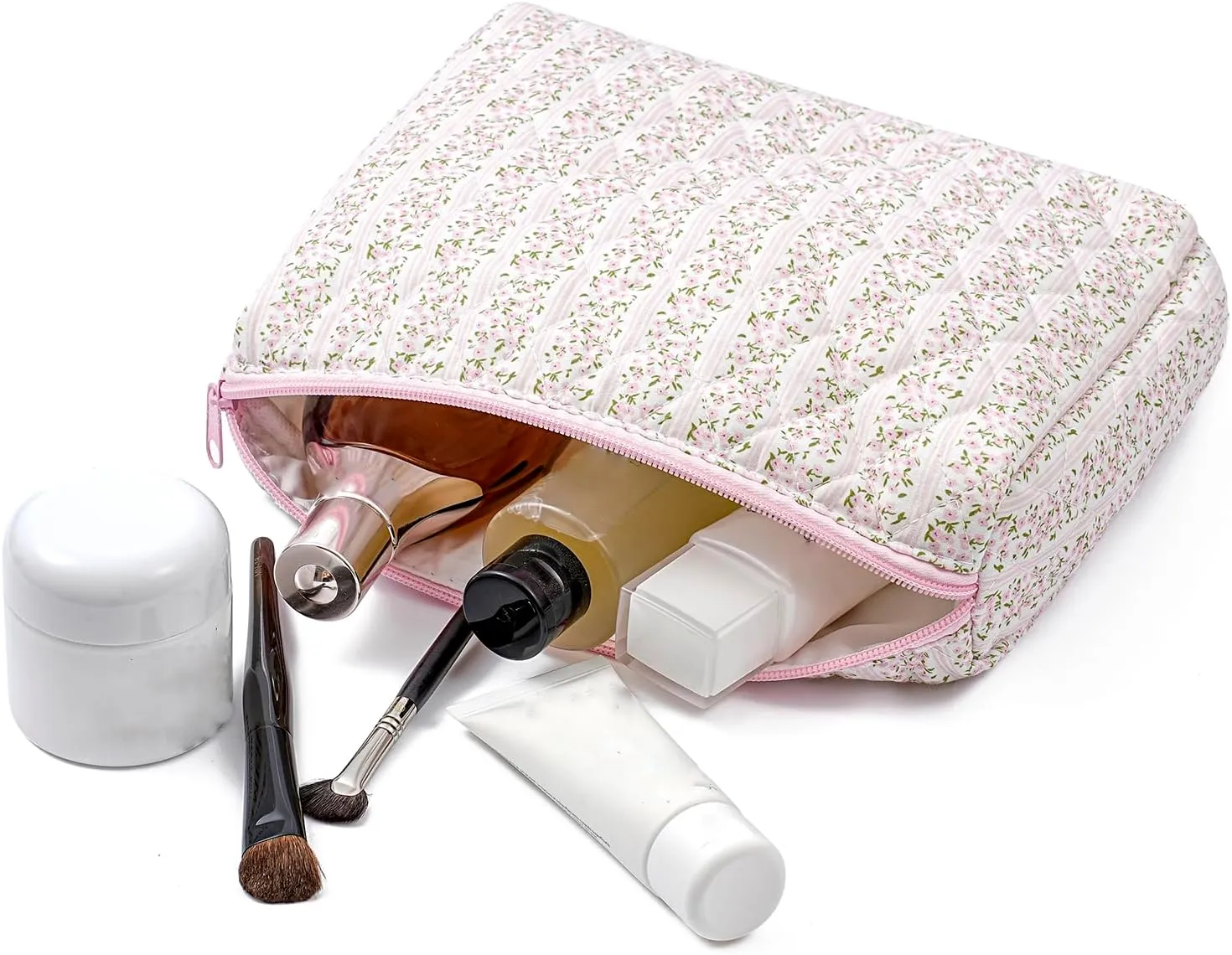 Large Travel Makeup Bag Cosmetic Bag for Women Girls, Cute Large Floral Cotton Cosmetic Bag, Zipper Toiletry Bag Makeup Brushes Accessories Organizer Storage Bag (Pink Floral)