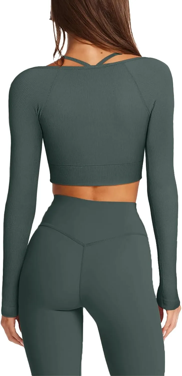 LASLULU Womens Sexy Square Neck Crop Top Ribbed Seamless Long Sleeve Workout Tops Halter Neck Athletic Yoga