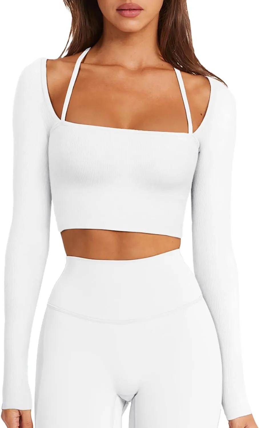 LASLULU Womens Sexy Square Neck Crop Top Ribbed Seamless Long Sleeve Workout Tops Halter Neck Athletic Yoga