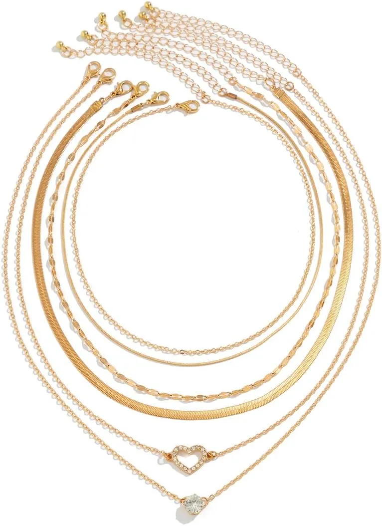 Layered Gold Necklaces Dainty Stackable Herringbone Necklace Snake Chain Choker Necklace Paperclip Chain Coin Pendant Trendy Jewelry for Women Girls