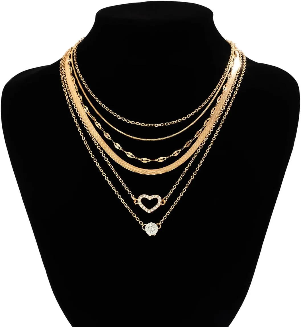 Layered Gold Necklaces Dainty Stackable Herringbone Necklace Snake Chain Choker Necklace Paperclip Chain Coin Pendant Trendy Jewelry for Women Girls